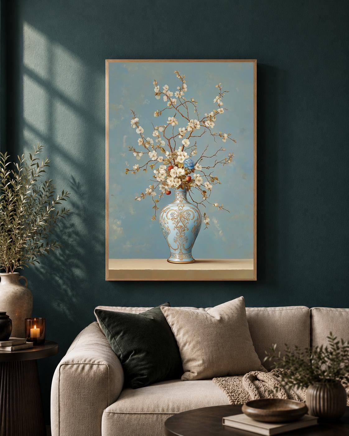 Blue Grandmillenial Chinoiserie Vase Floral Framed Canvas