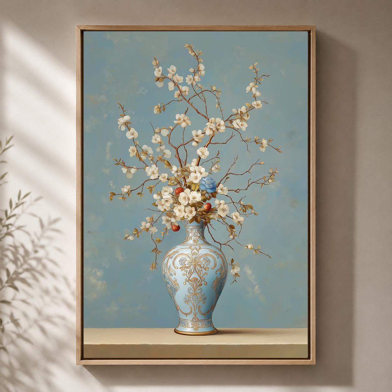 Blue Grandmillenial Chinoiserie Vase Floral Framed Canvas