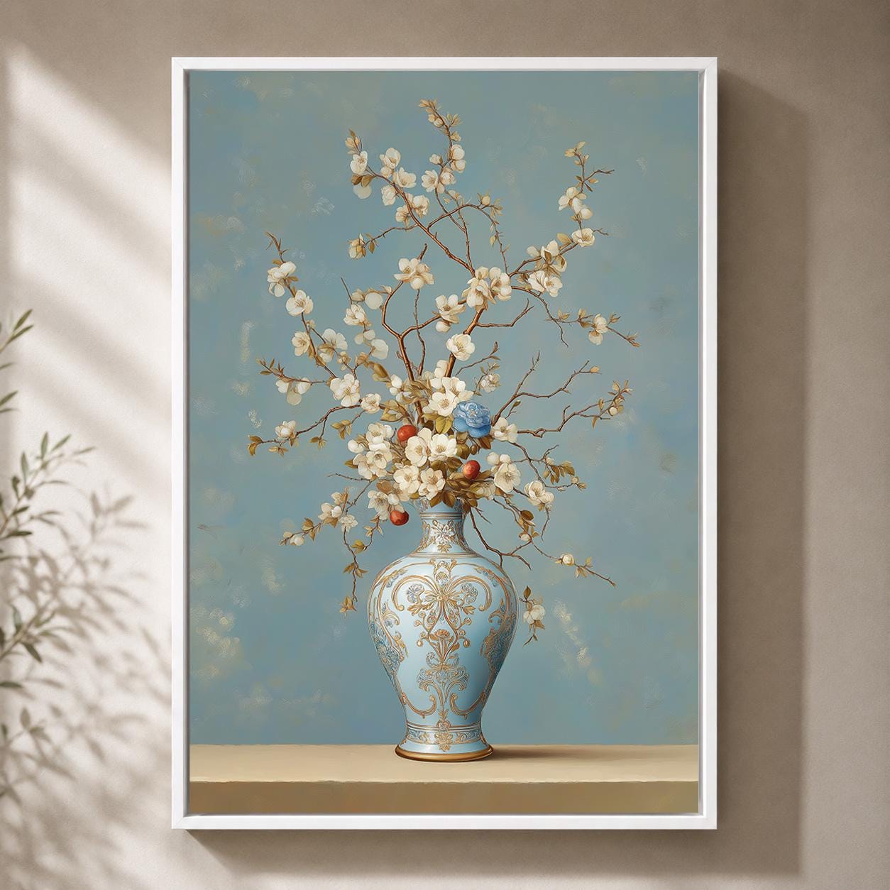 Blue Grandmillenial Chinoiserie Vase Floral Framed Canvas