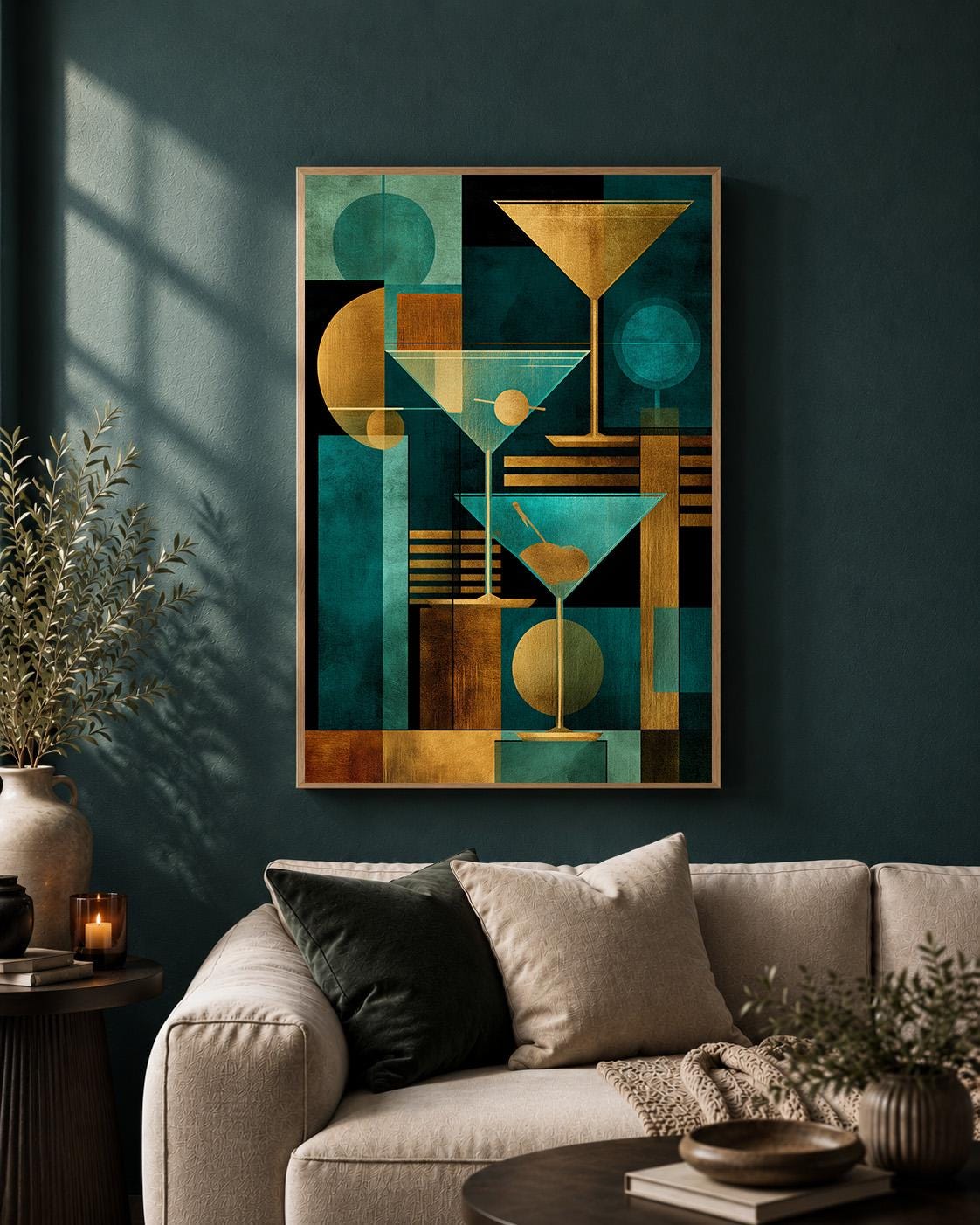 Teal & Gold Art Deco Martini Framed Canvas