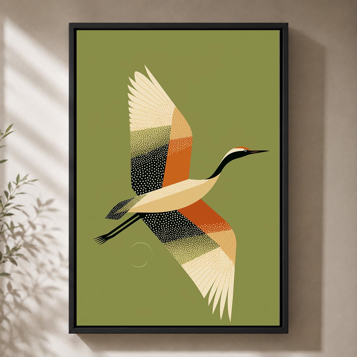 Mid Century olive Green Japanese Crane Framed Canvas