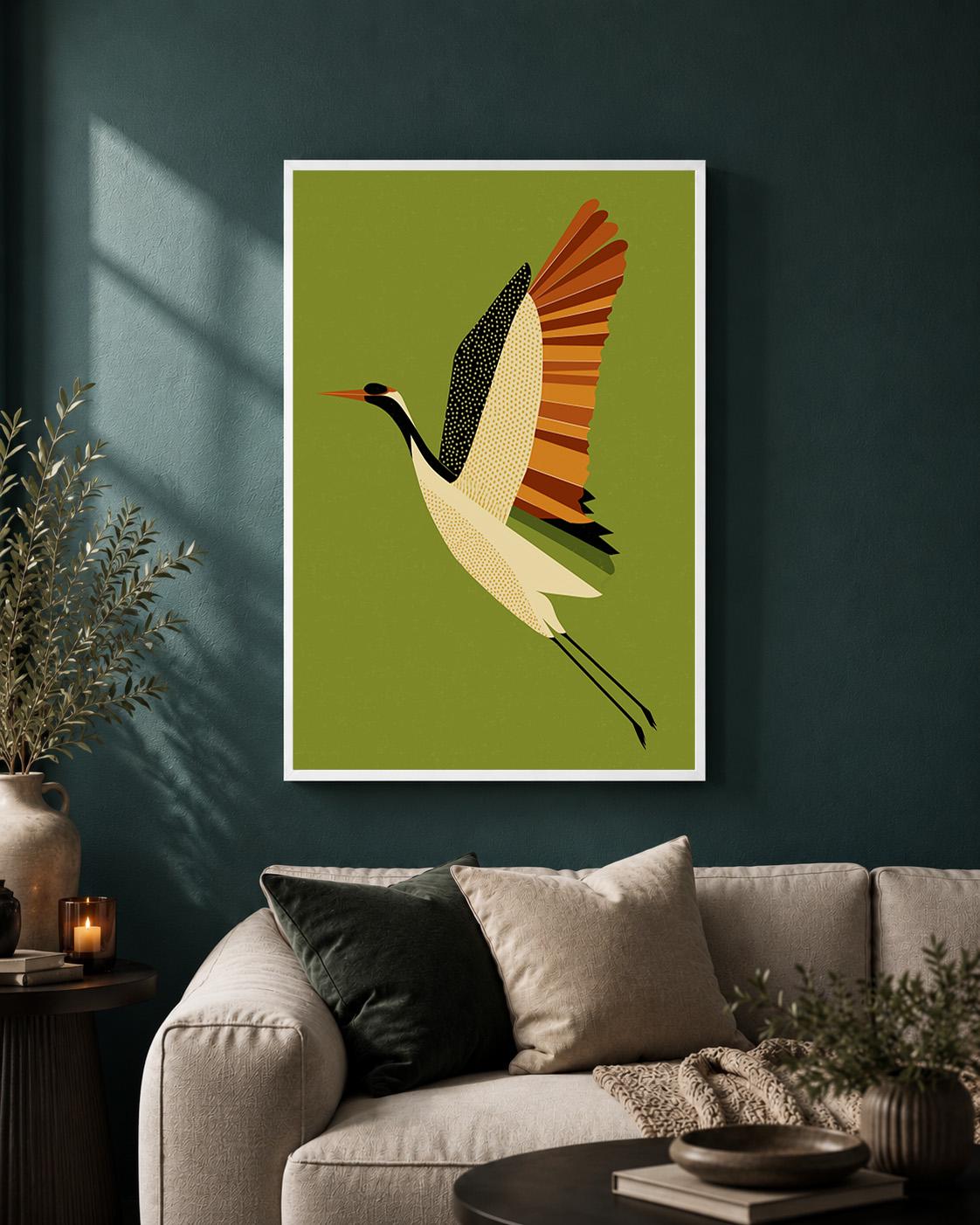 Mid Century Japanese Crane Framed Canvas Art, Olive Green