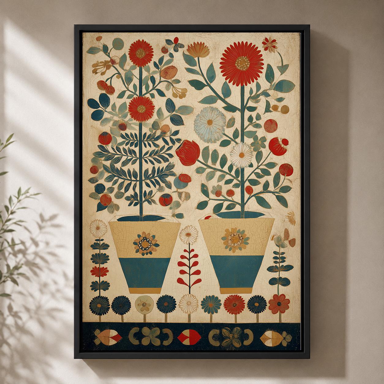 Scandinavian Folk Art Floral Framed Canvas