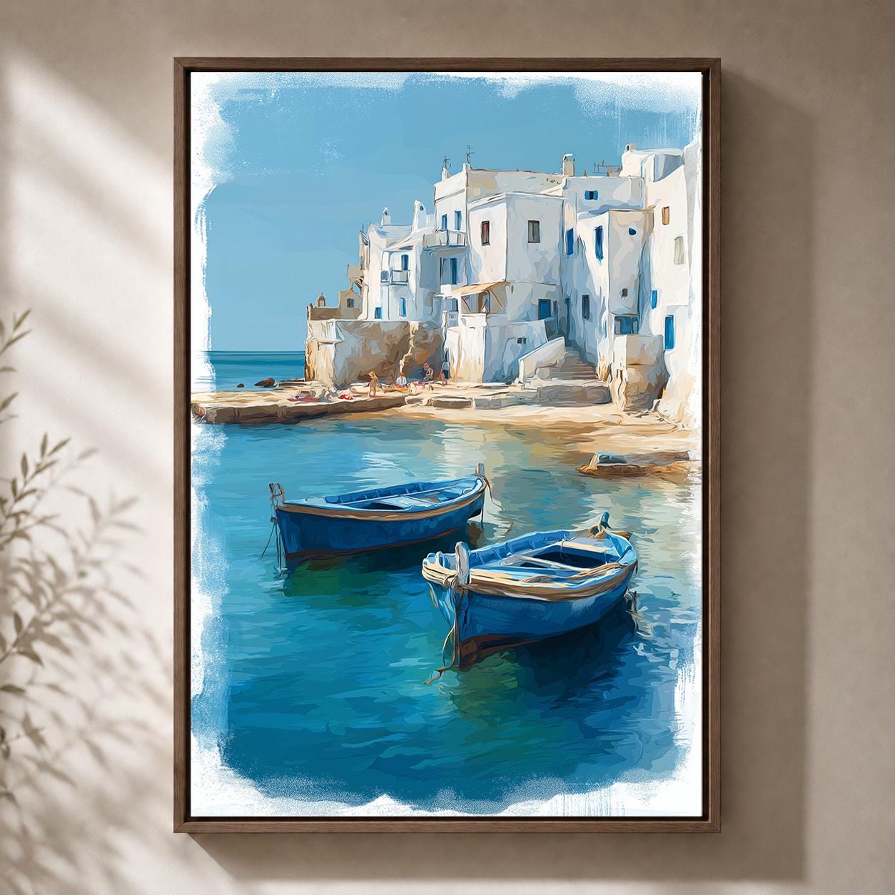 Greek Coastal Village Framed Canvas