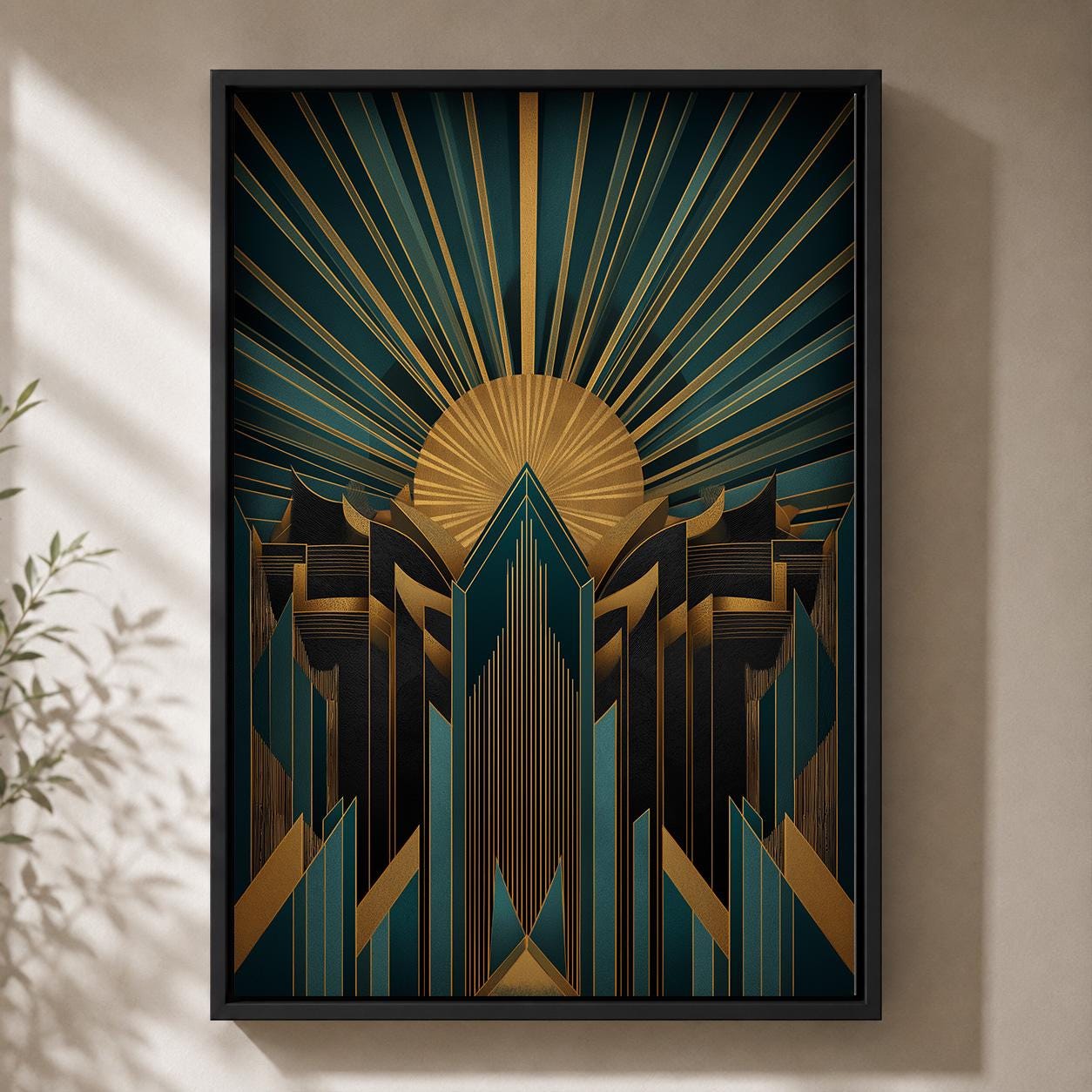 Art Deco Teal Gold Geometric Framed Canvas