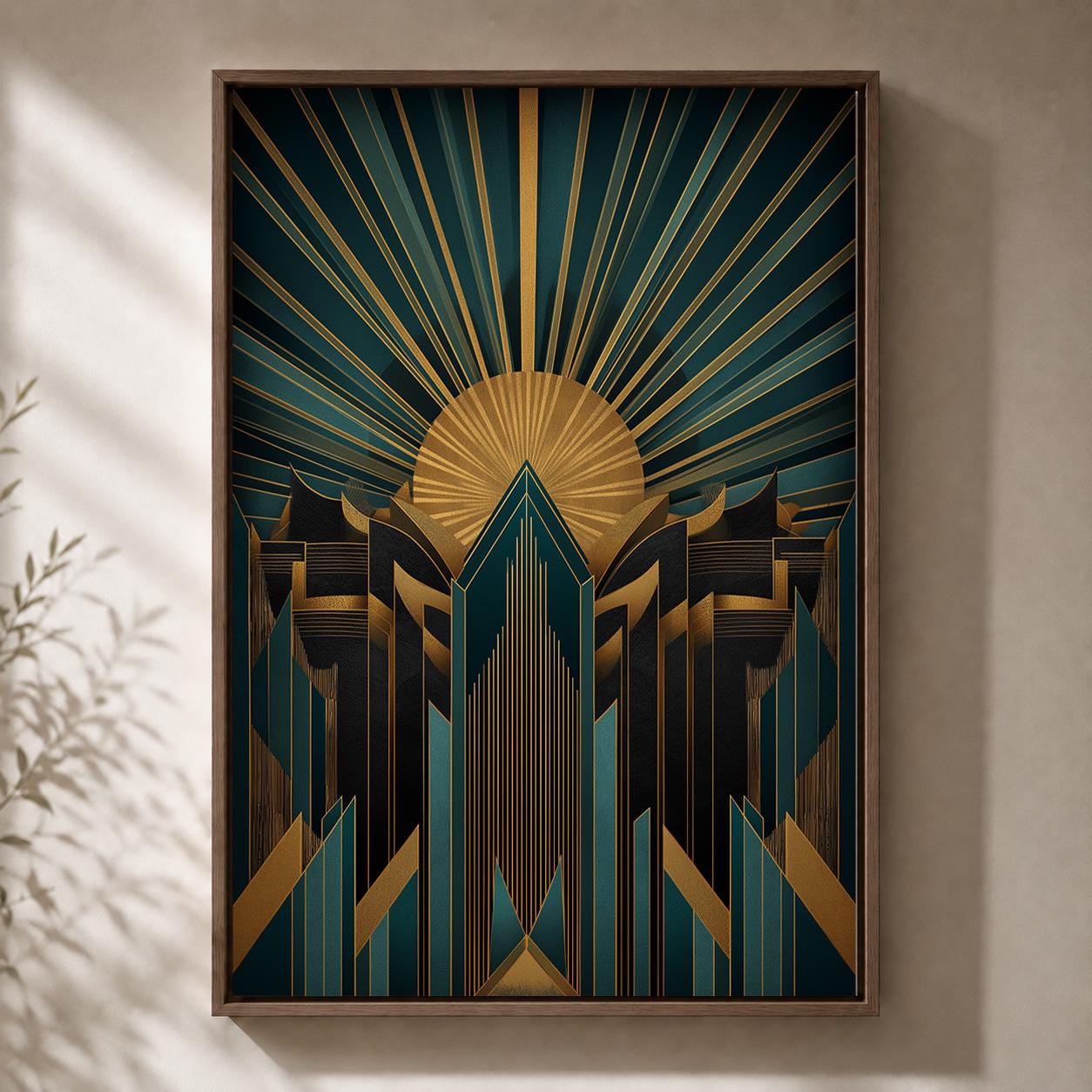 Art Deco Teal Gold Geometric Framed Canvas