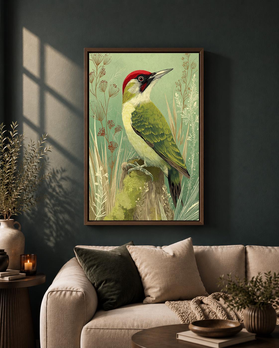 Green Woodpecker Framed Canvas