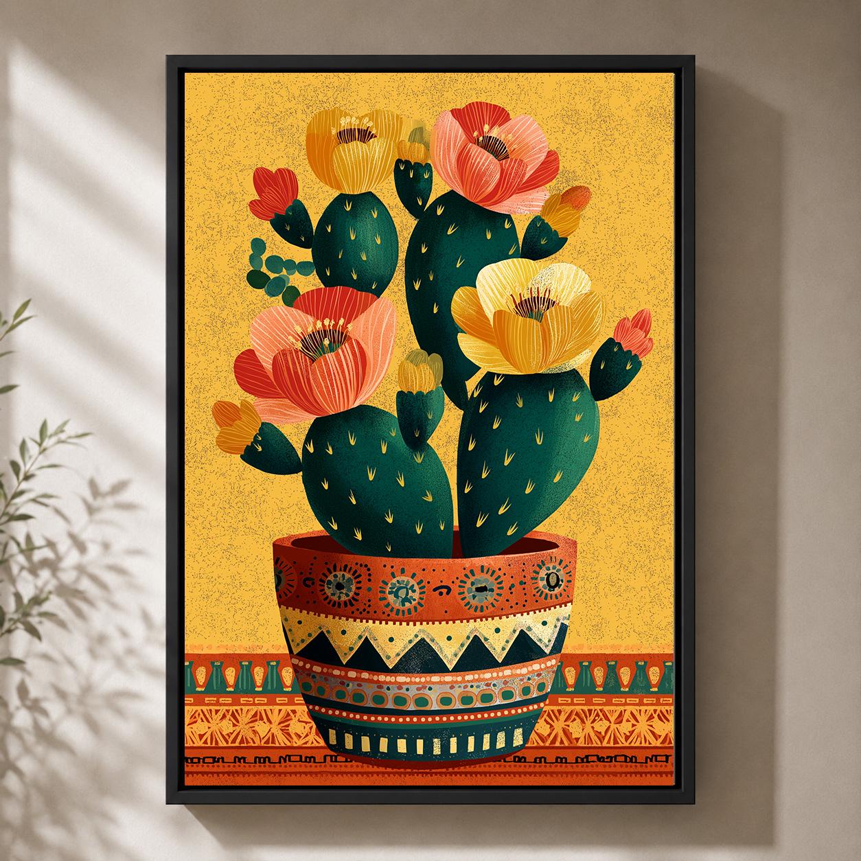 Boho Desert Cactus Flower Framed Canvas