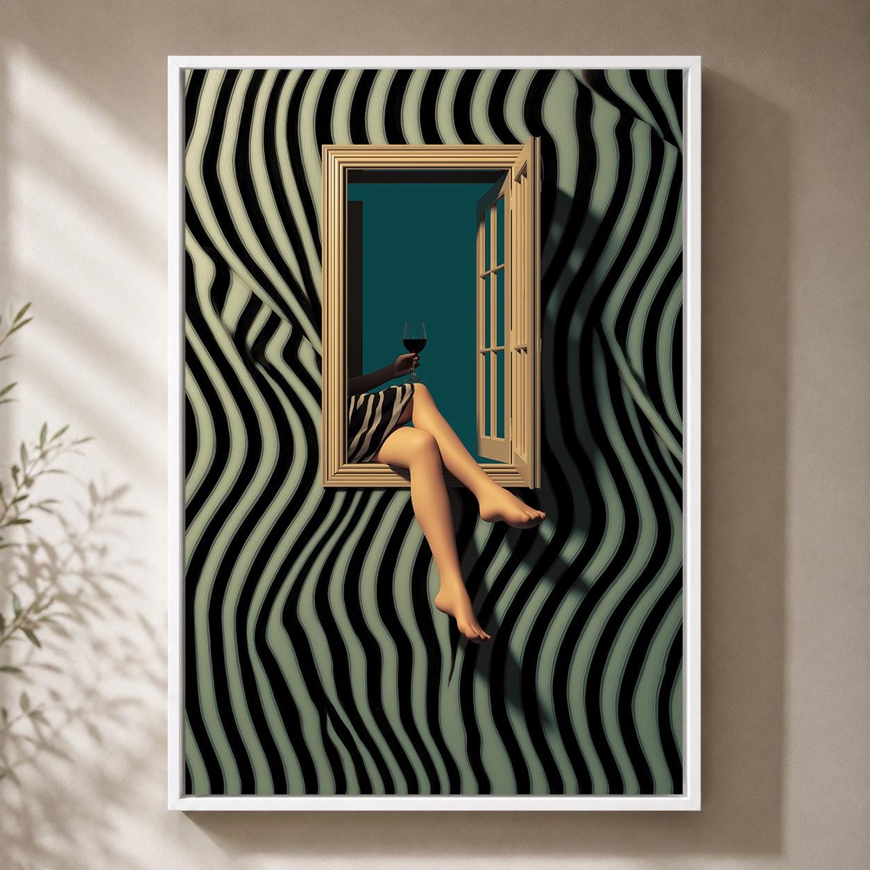 Surreal Modern Glam Zebra Stripe Woman Wine Framed Canvas Art