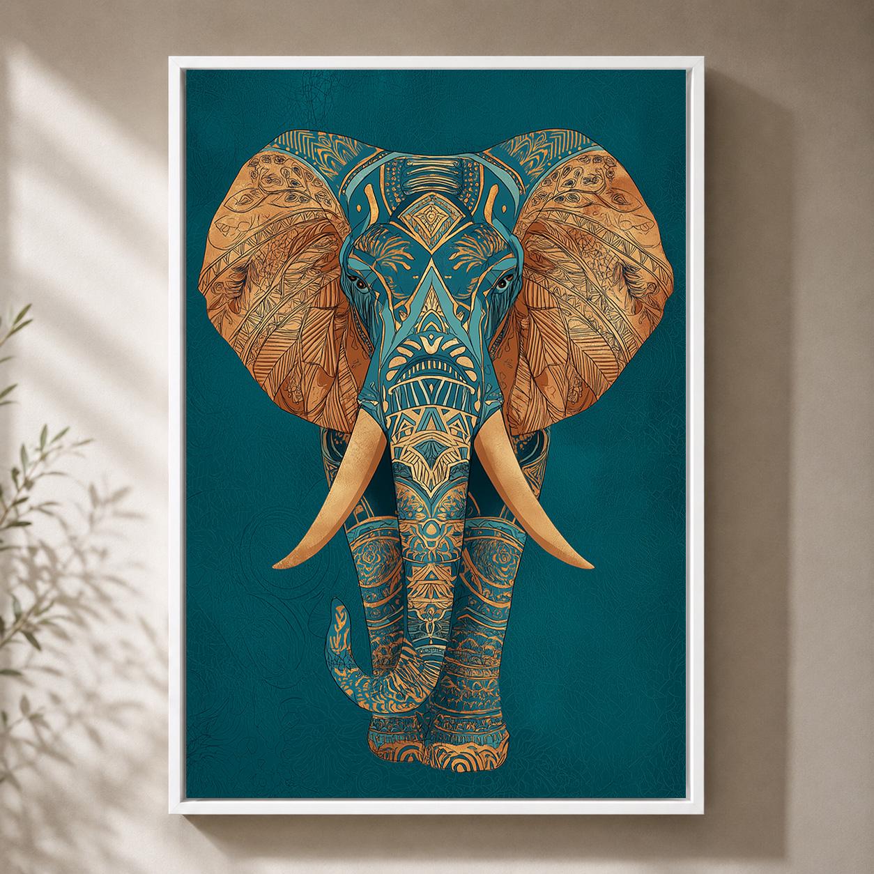 Maximalist Teal & Gold Elephant Framed Canvas
