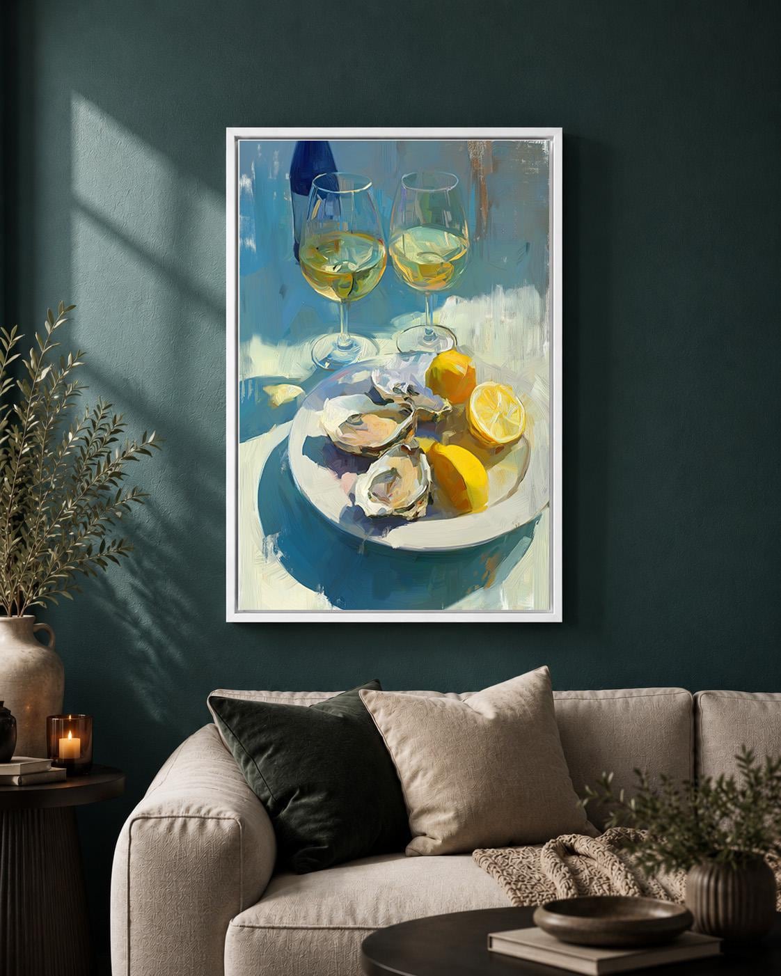 Oyster and White Wine Framed Canvas Art