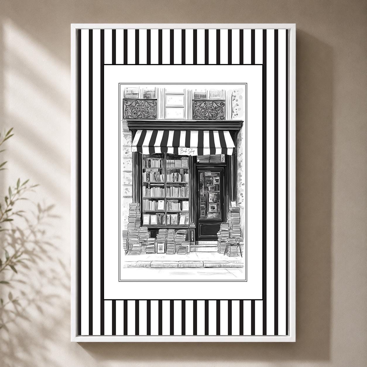 Vintage Black & White Bookshop Framed Canvas