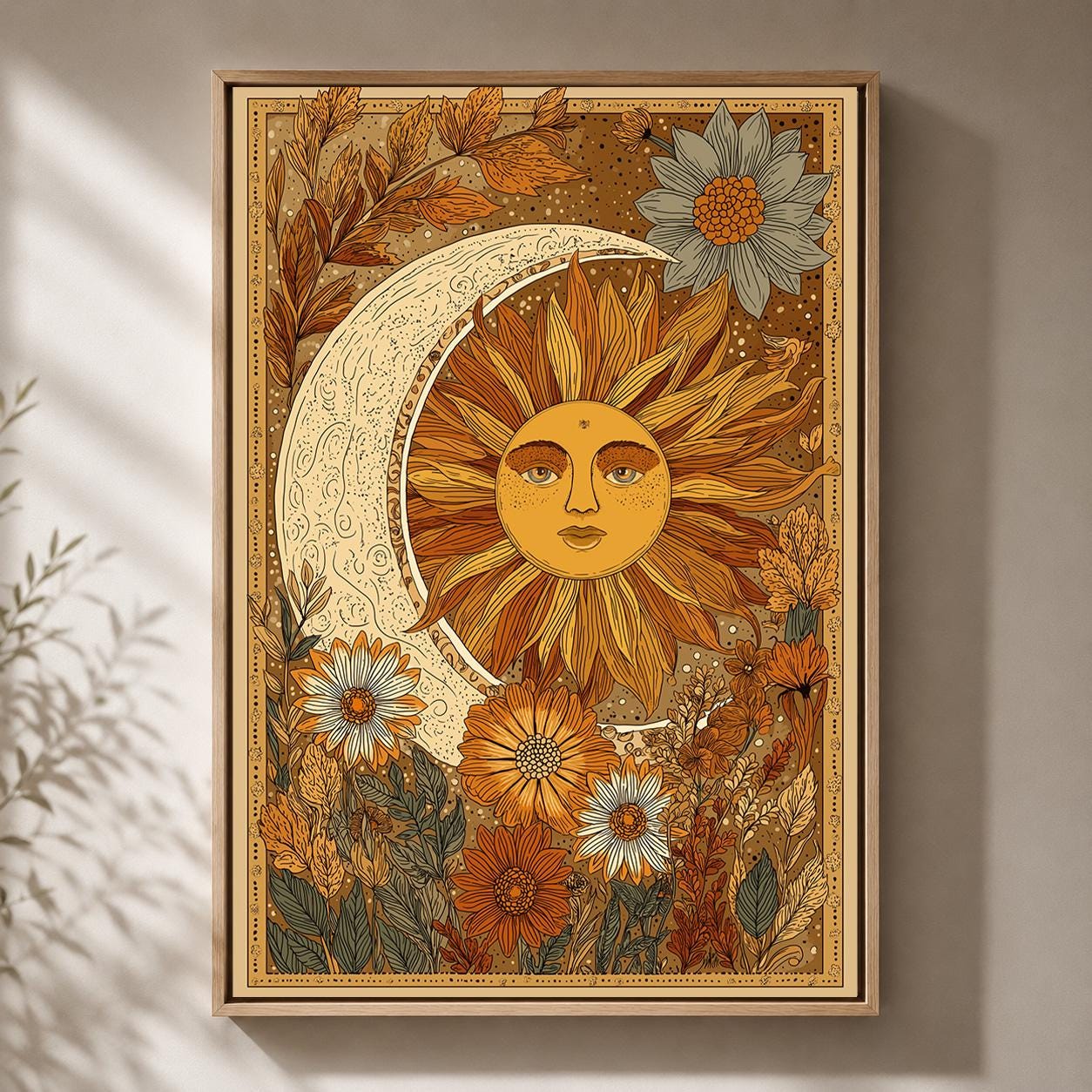 Boho Celestial Sun Moon Framed Canvas