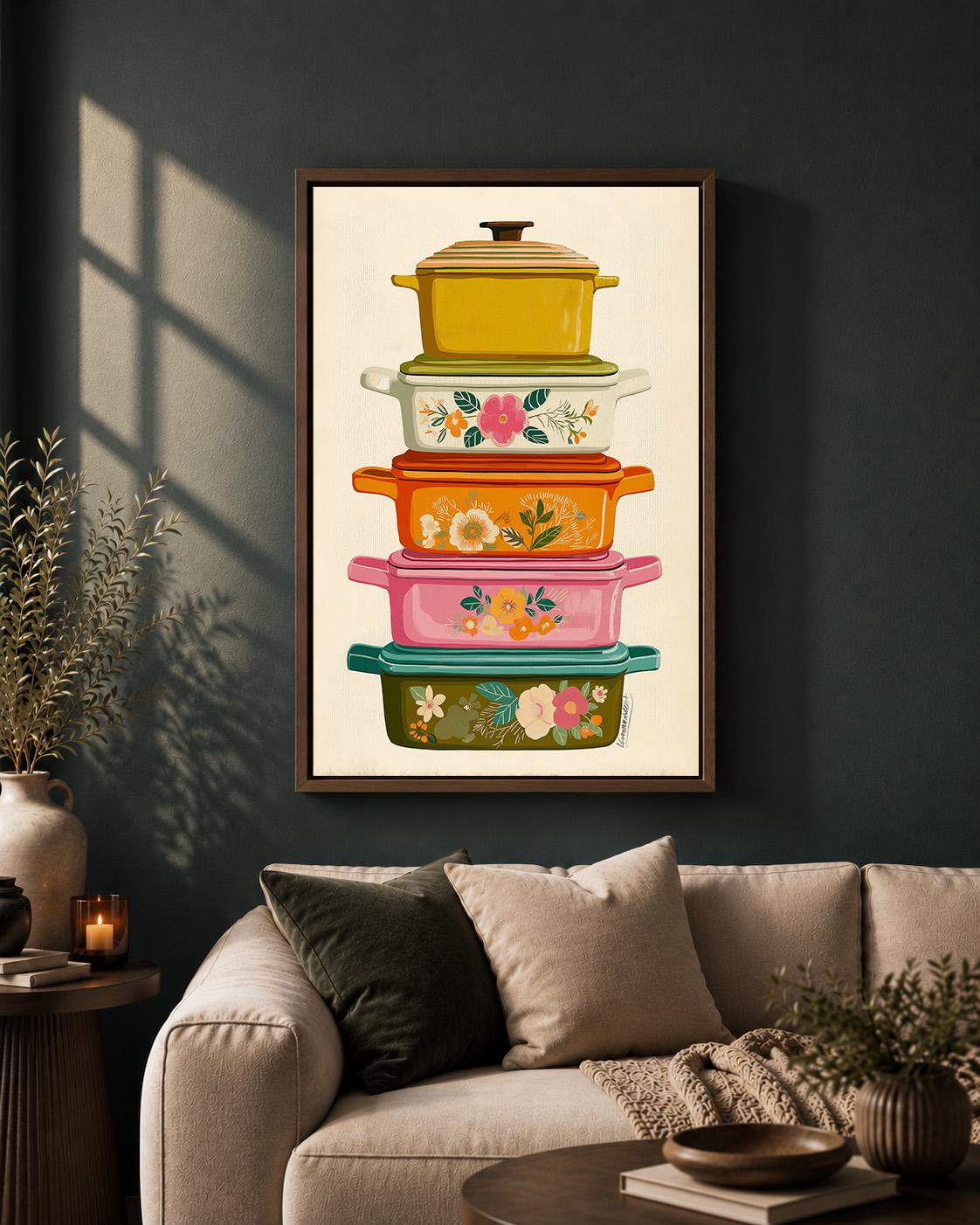 Vintage Pyrex Enamel Cookware Stack Framed Canvas