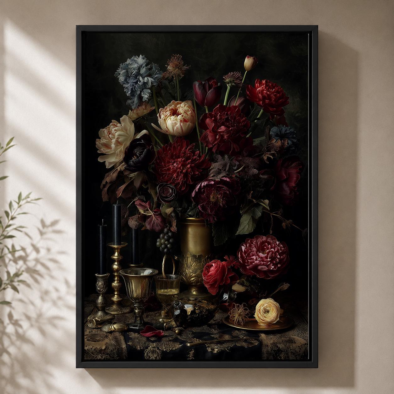 Dark Floral Still Life Framed Canvas