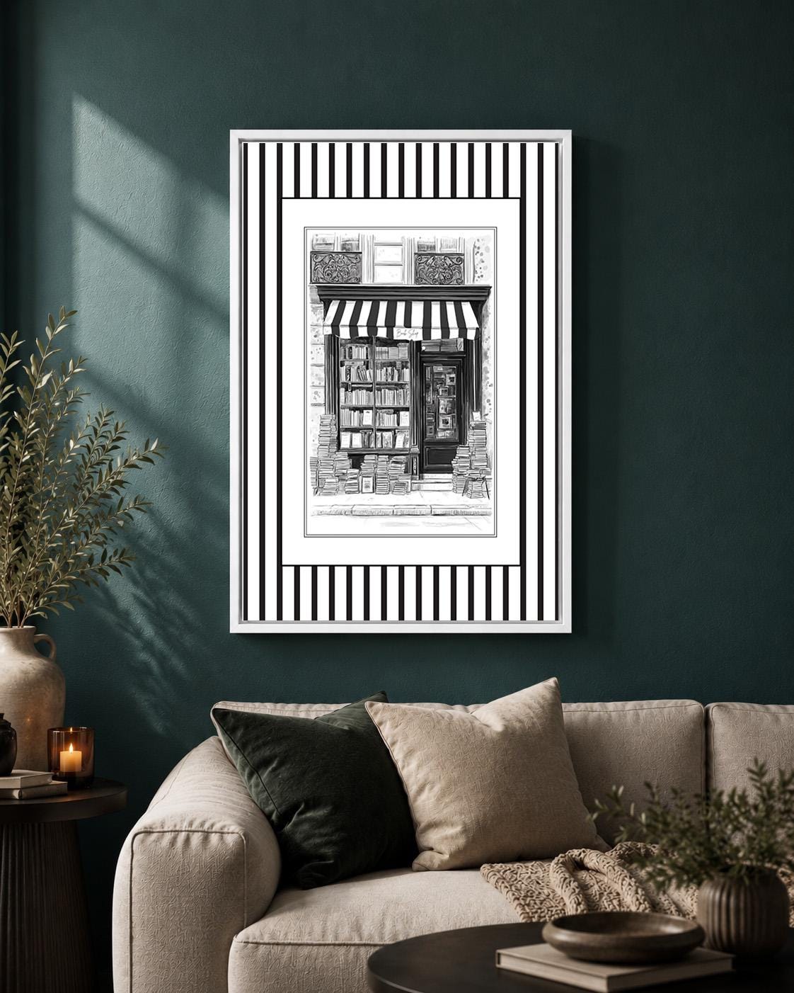 Vintage Black & White Bookshop Framed Canvas