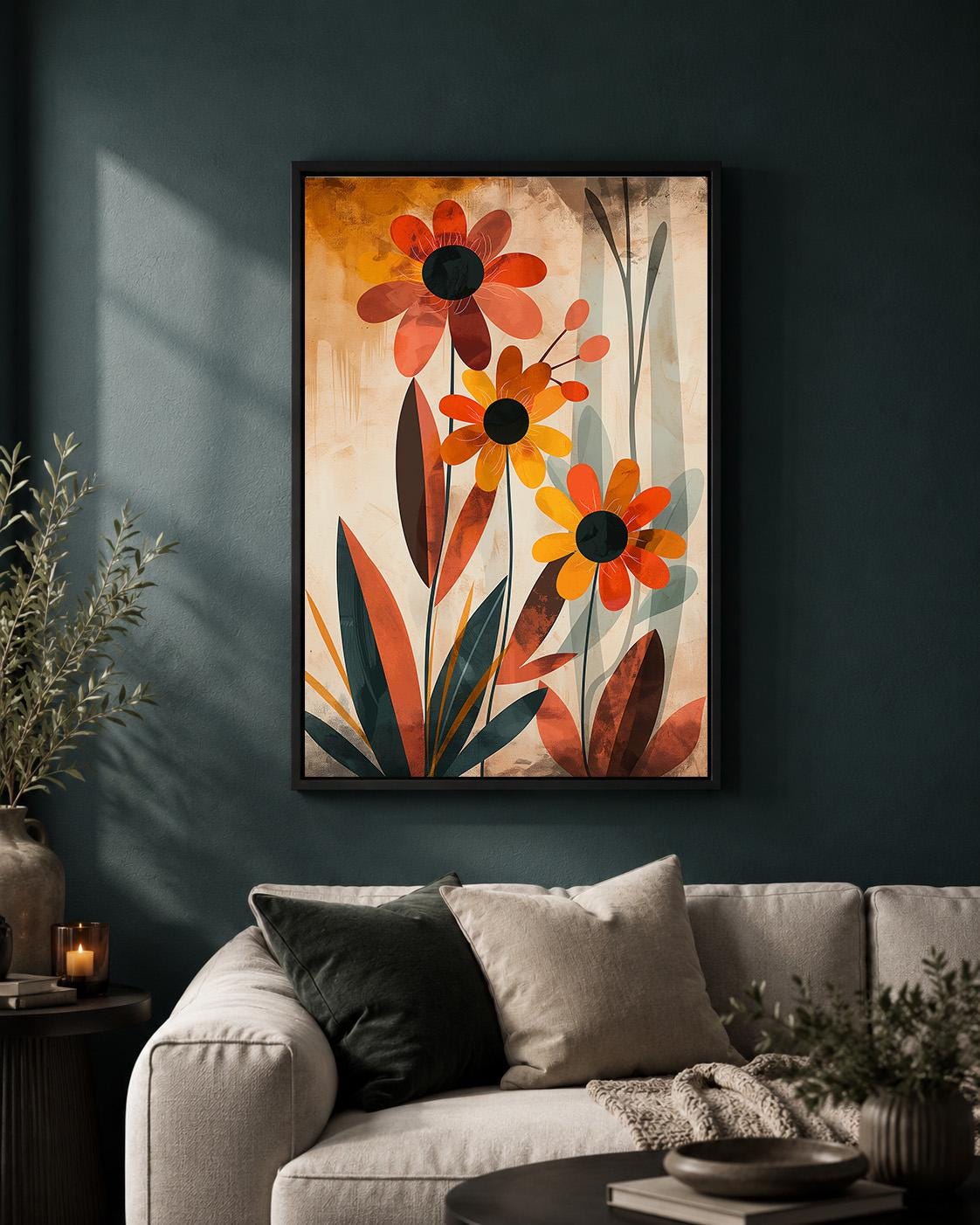 Mid Century Modern Orange Floral Framed Canvas Art