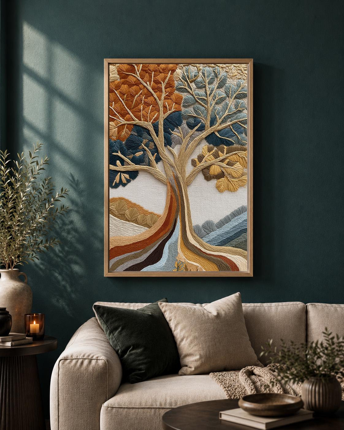 Embroidered Style Tree of Life Framed Canvas