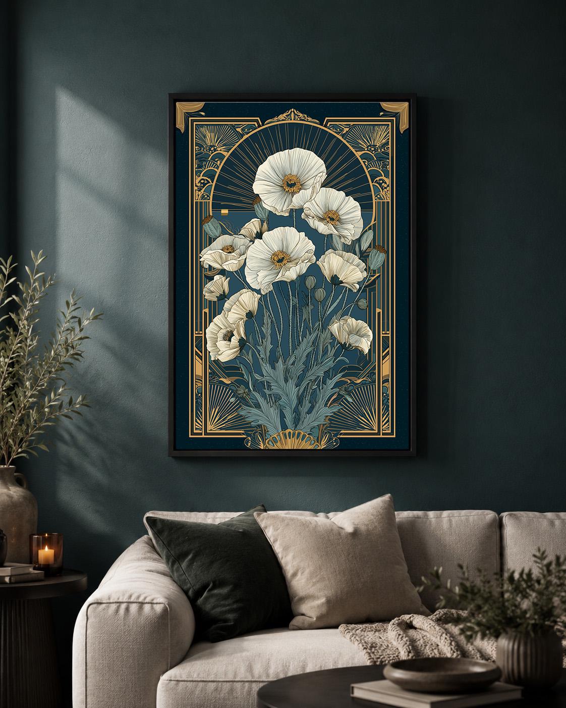 Art Deco White Poppy Framed Canvas