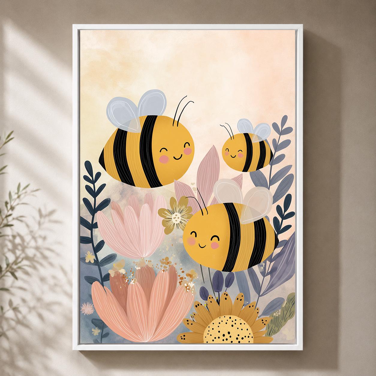 Whimsical Bee Floral Framed Canvas
