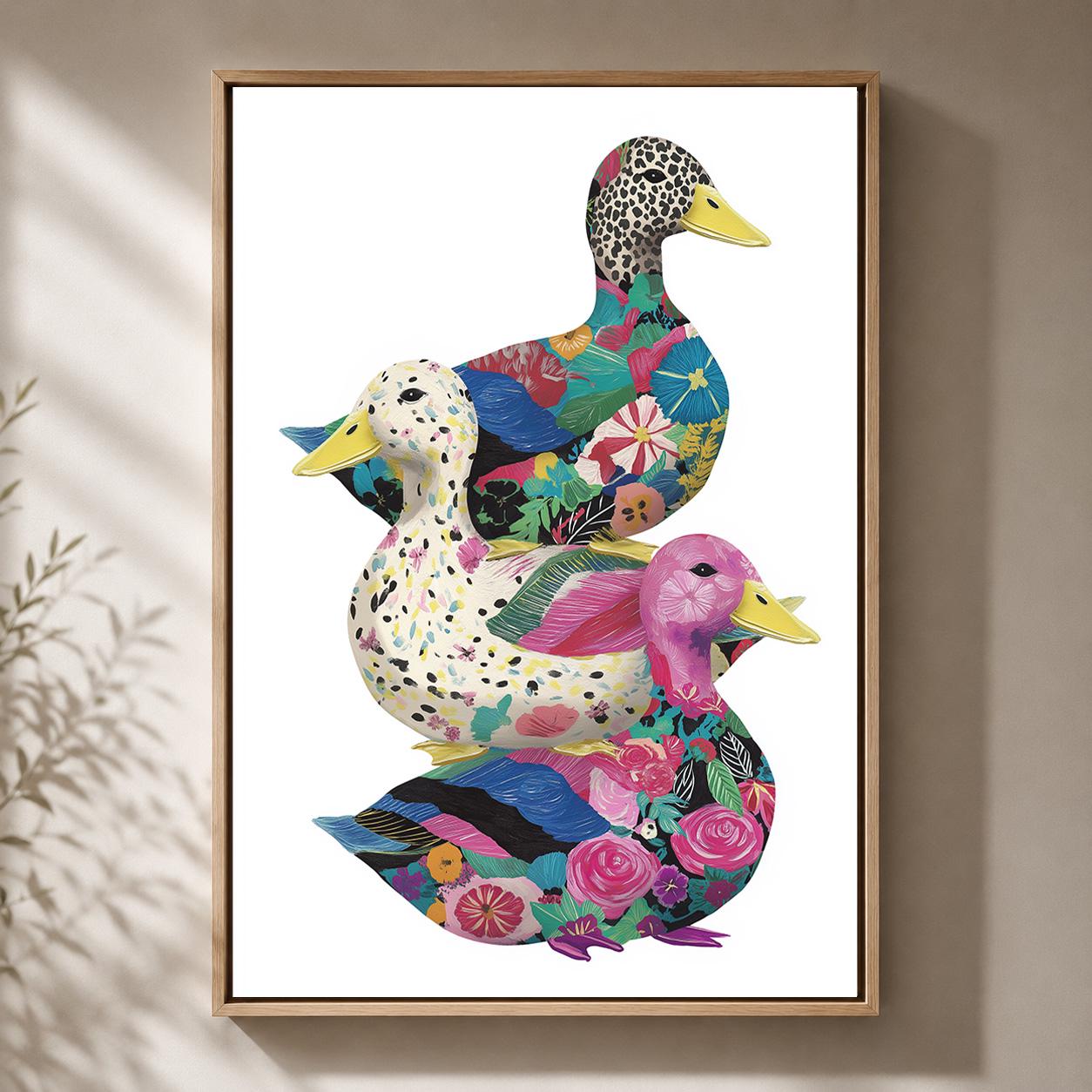 Colorful Floral Duck Framed Canvas