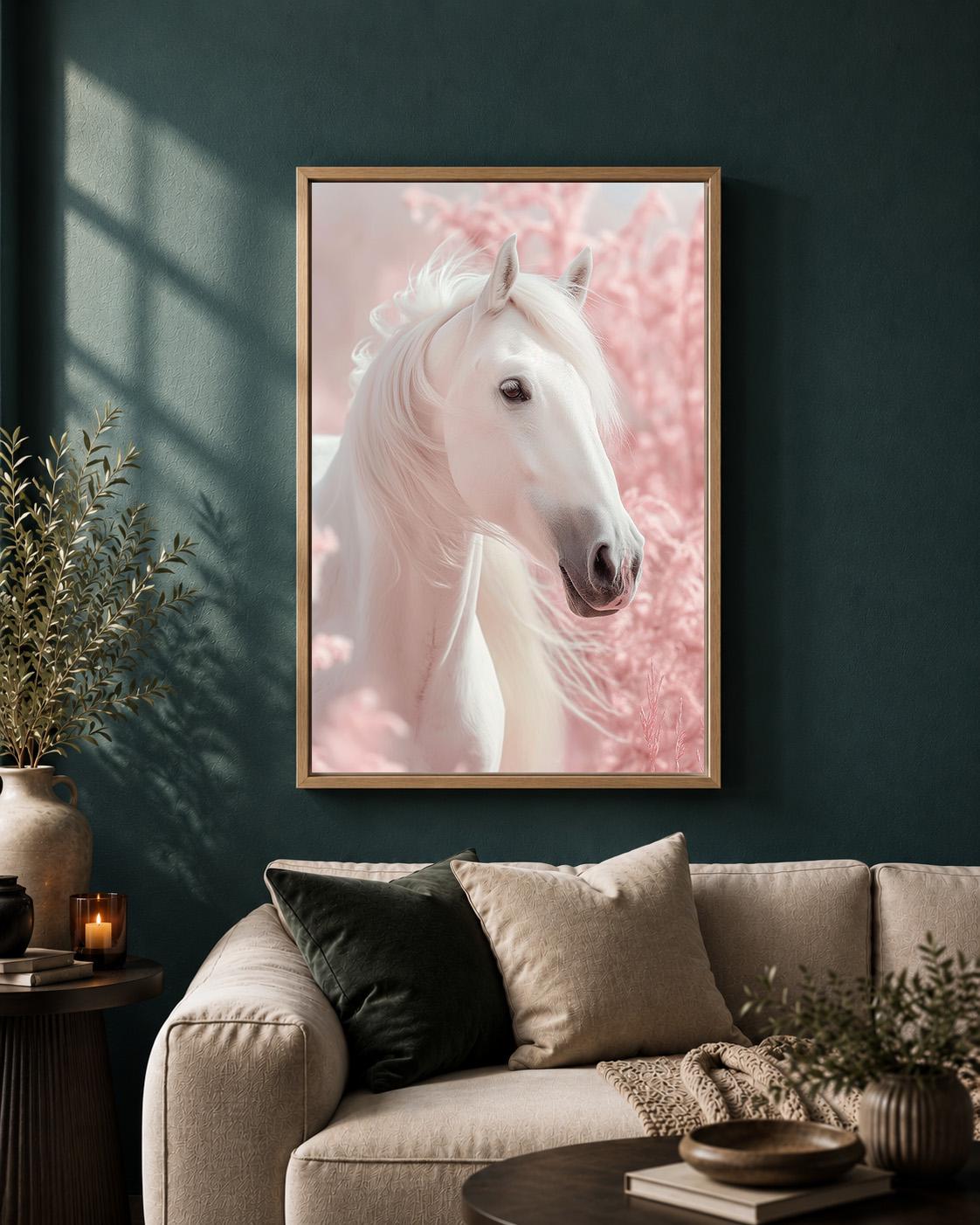 Pink Botanical White Horse Framed Canvas
