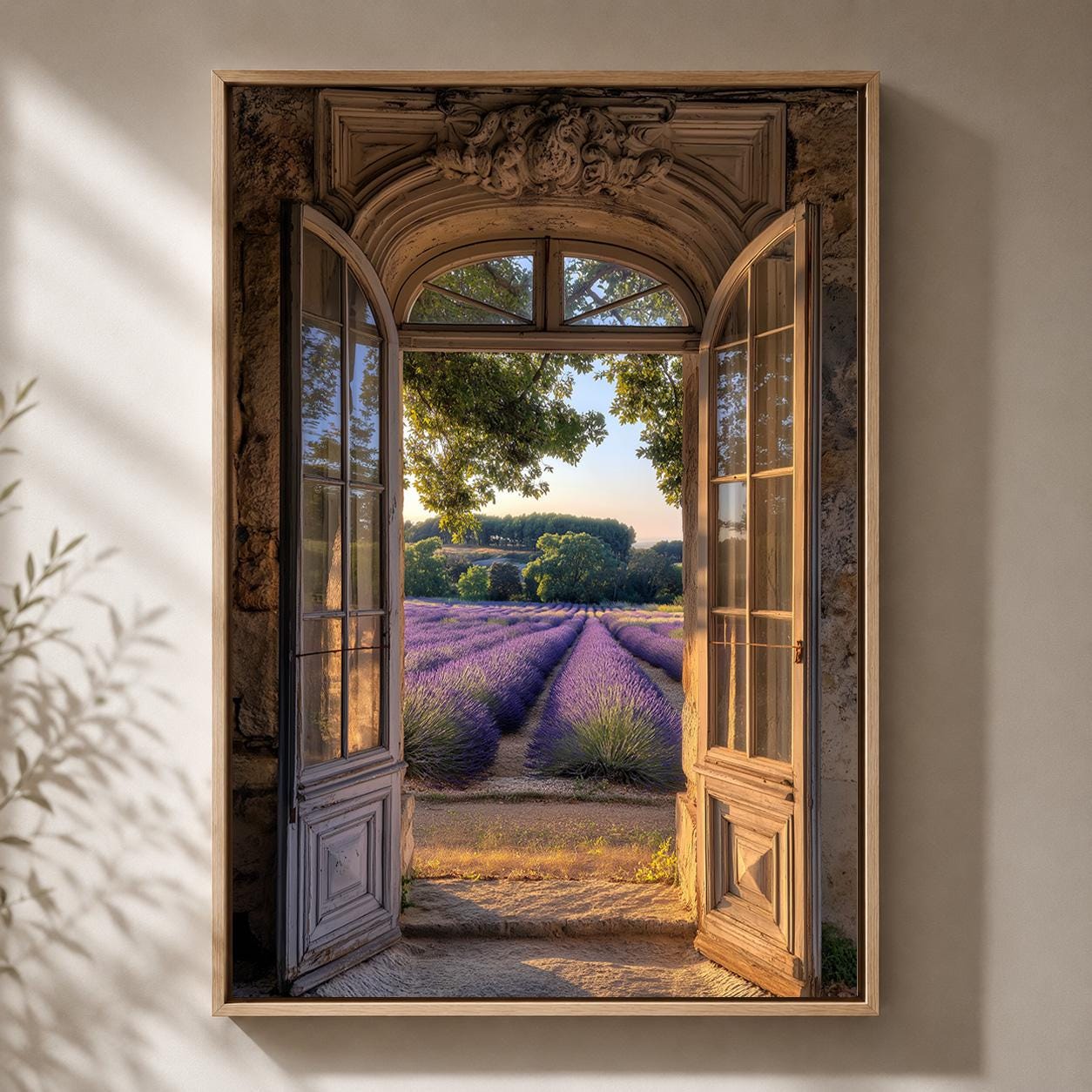 Window Lavender Field Framed Canvas