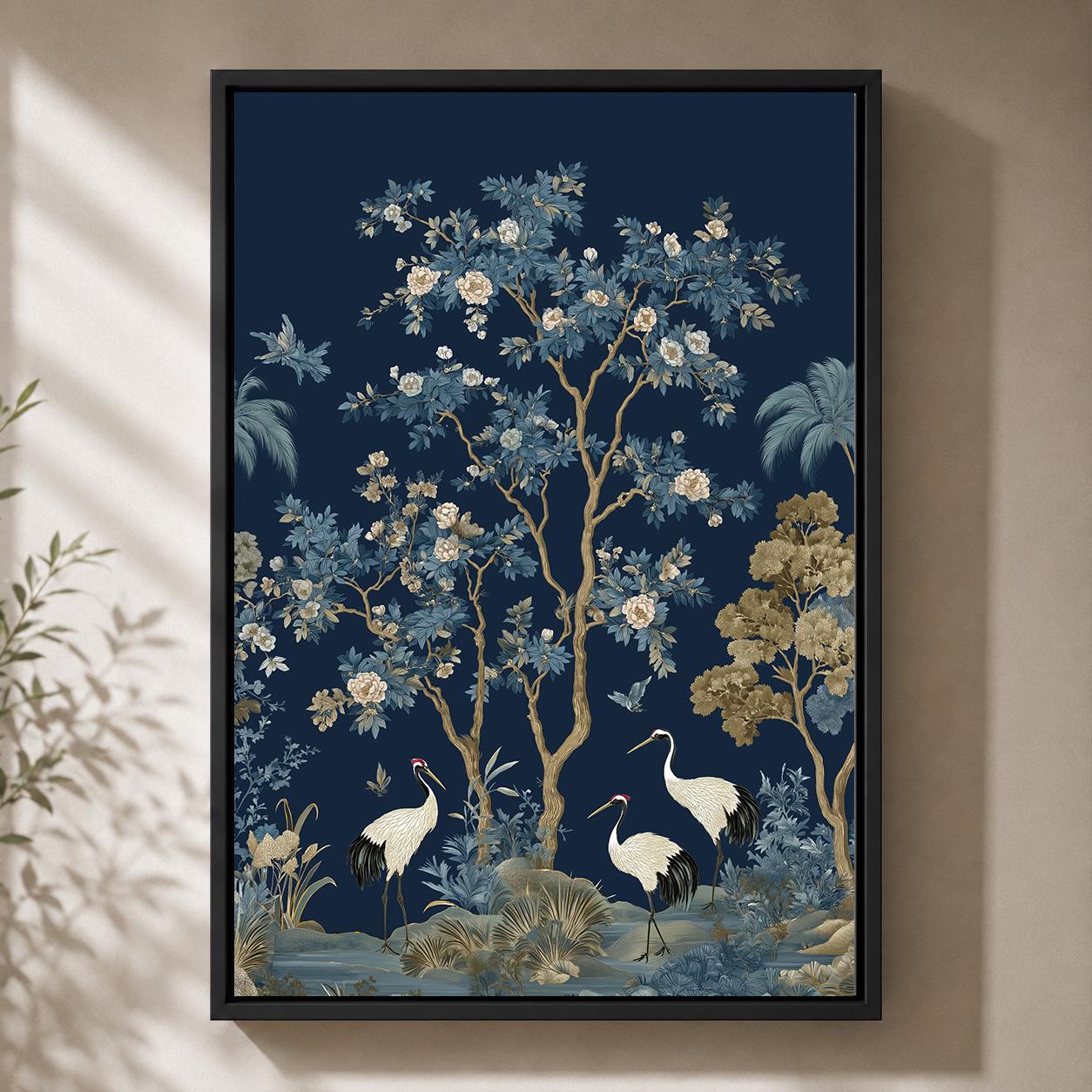 Blue Chinoiserie Crane Blossom Tree Framed Canvas