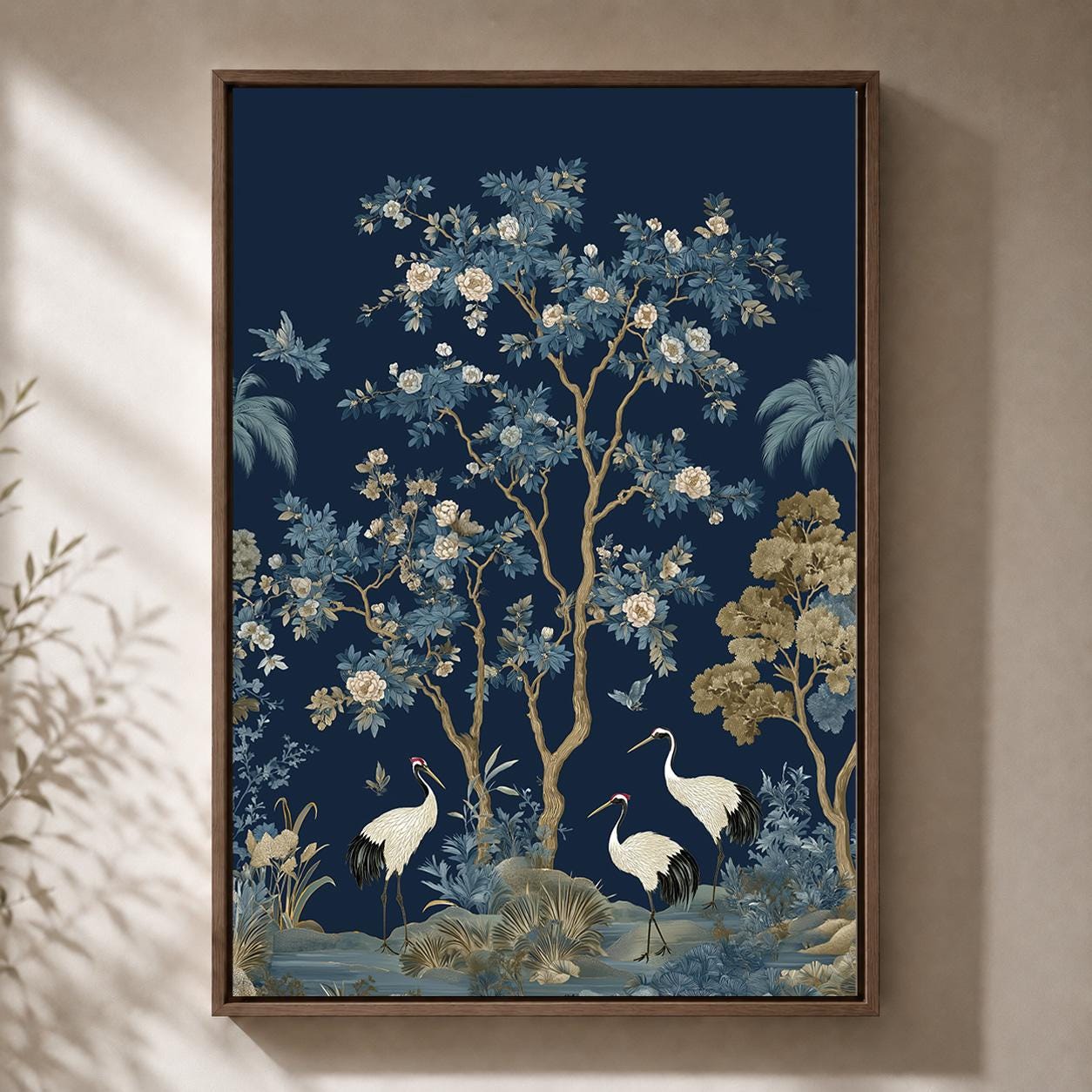 Blue Chinoiserie Crane Blossom Tree Framed Canvas