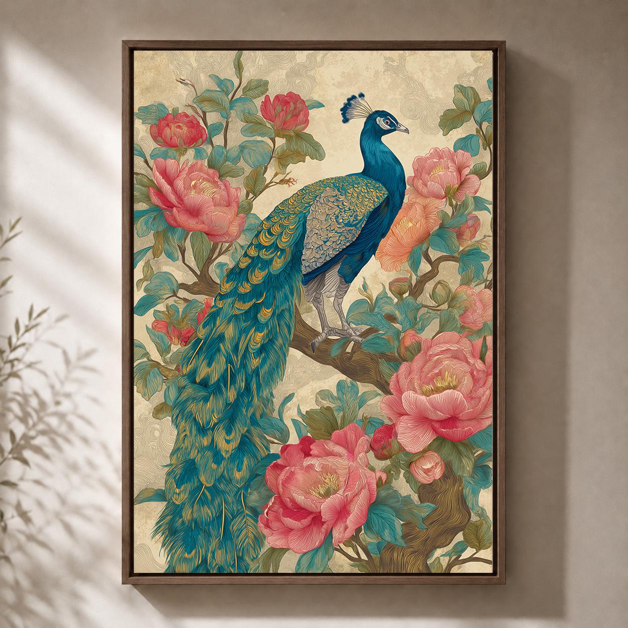 Vintage Peacock Floral Framed Canvas