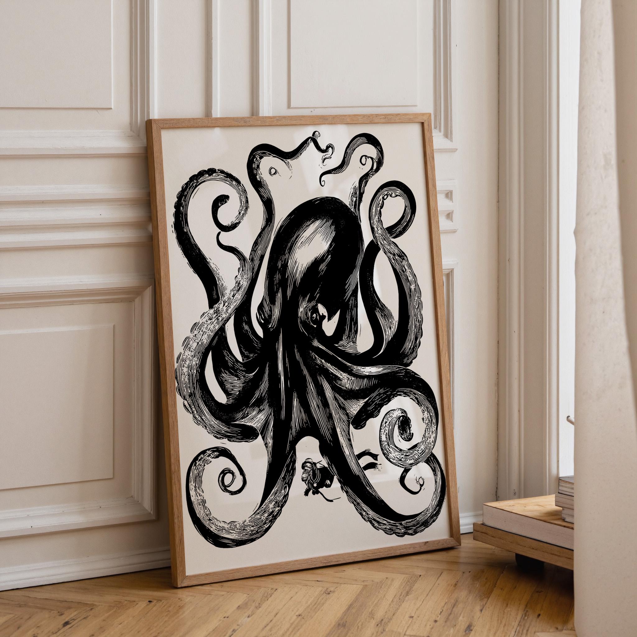 A framed black ink octopus art print leaning against a cream paneled wall on a light wood floor.