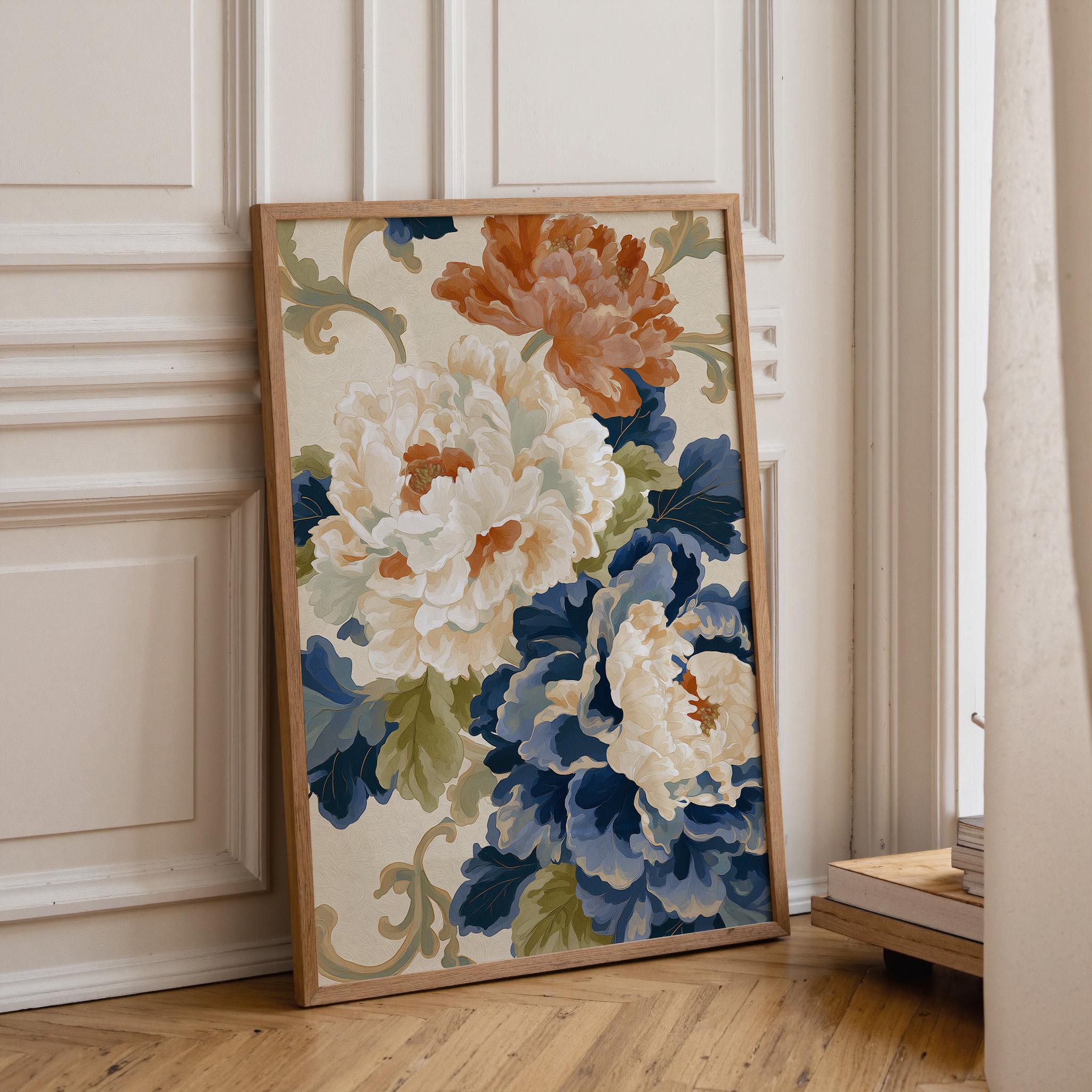 Blue & White Peony Wall Art, Vintage Floral Print, Elegant Botanical Poster, Cottagecore Flower Decor (Framed Option) KWC
