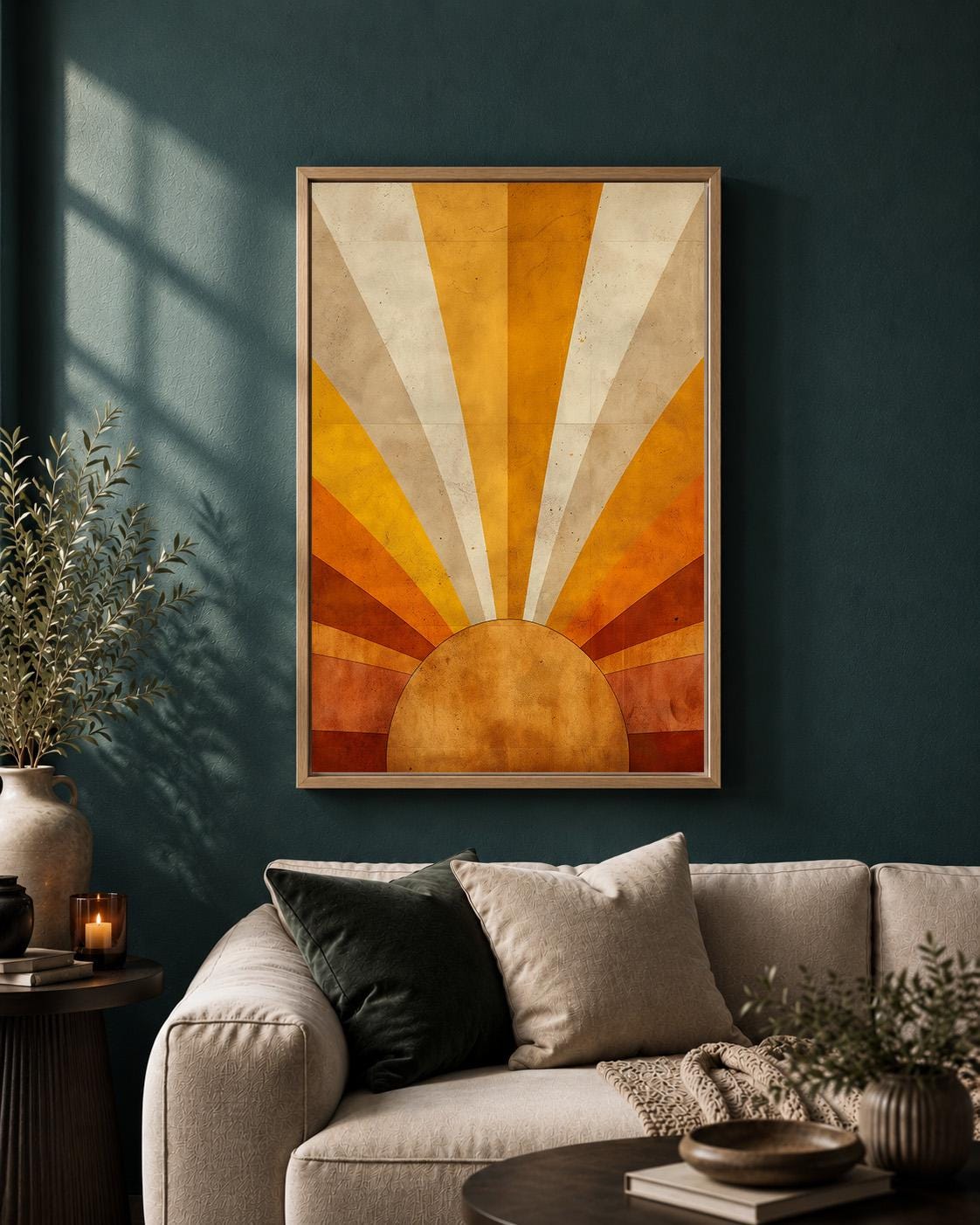 Retro Sunburst Mid Century Modern Framed Canvas