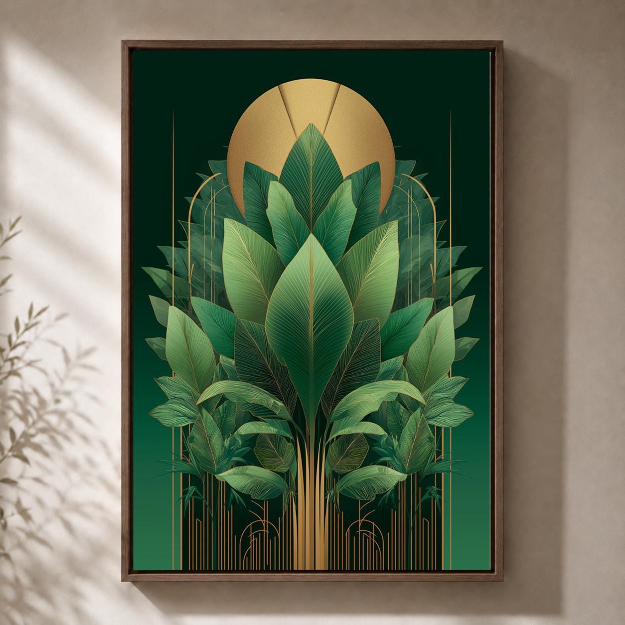 Art Deco Emerald Green Tropical Leaf Framed Canvas