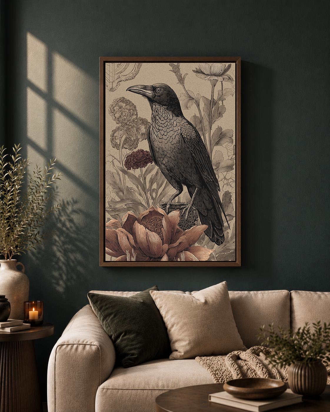 Vintage Gothic Raven Botanical Framed Canvas