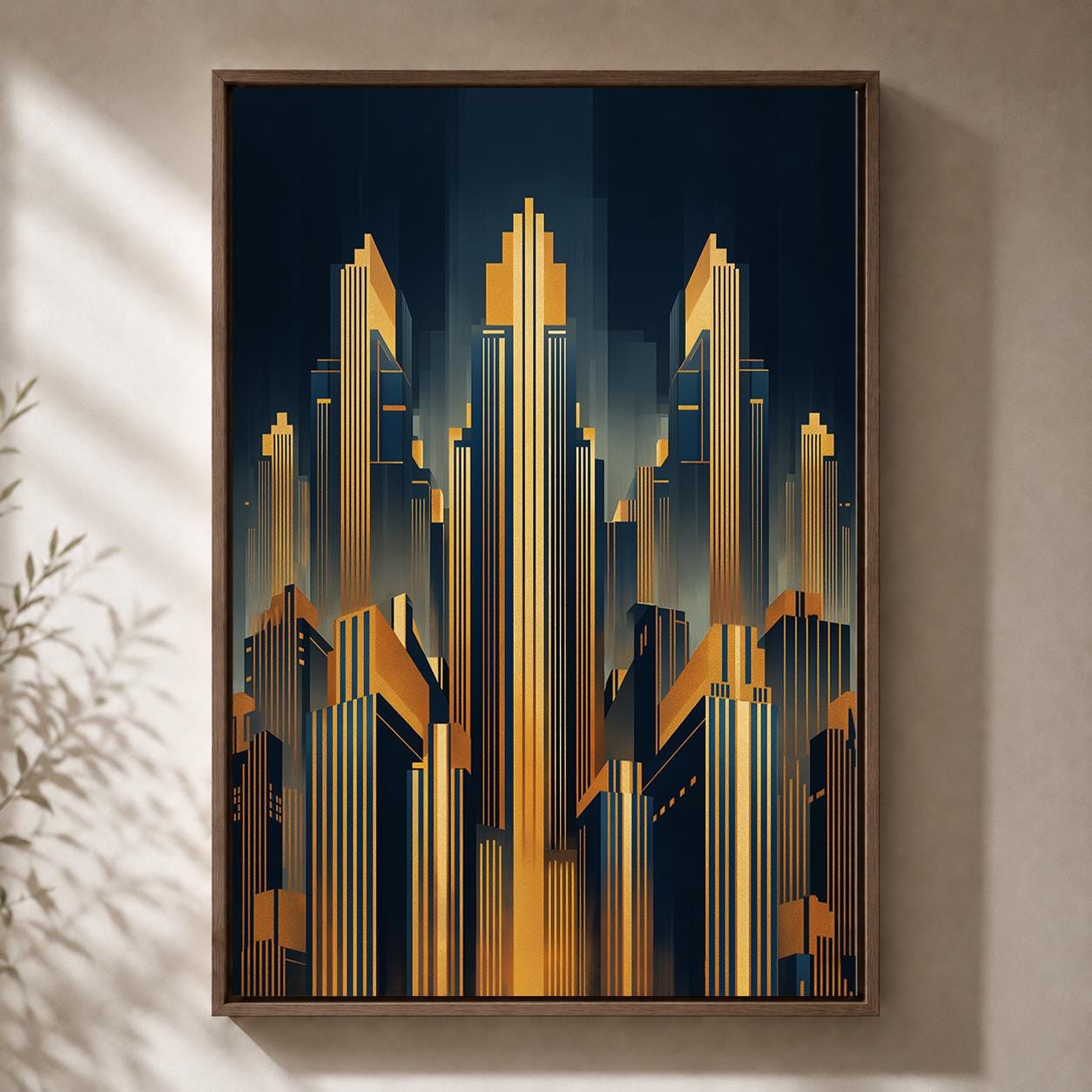 Art Deco Cityscape Gold Skyscraper Geometric Skyline Framed Canvas by The Wall Art Studio