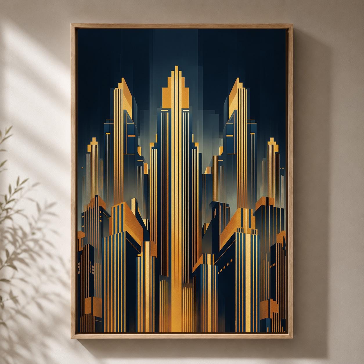 Art Deco Cityscape Gold Skyscraper Geometric Skyline Framed Canvas by The Wall Art Studio