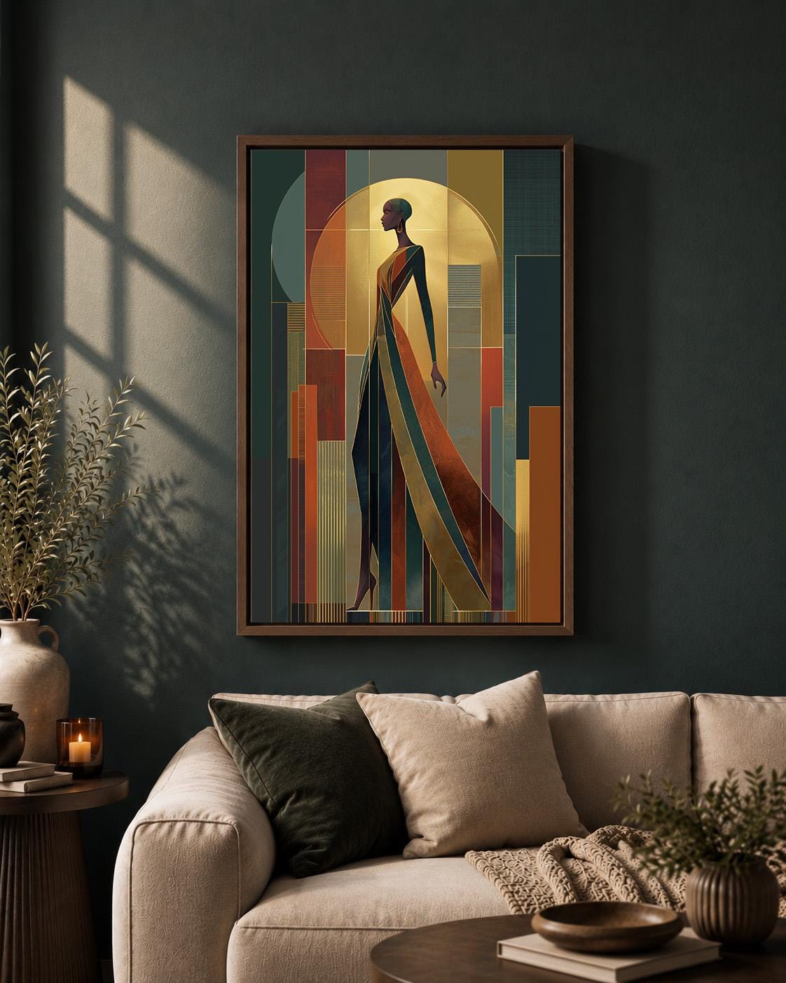 Art Deco Woman Elegant Geometric Lady Vintage Glamour Framed Canvas by The Wall Art Studio