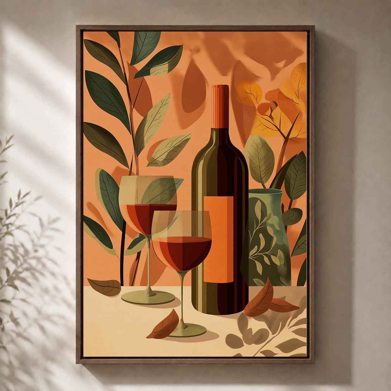 Autumn Wine Bottle Rustic Vineyard Floral Framed Canvas by The Wall Art Studio