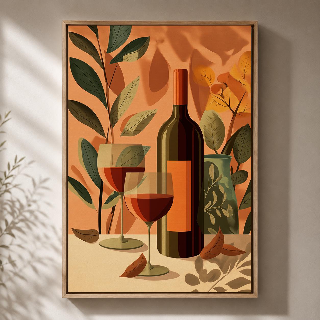 Autumn Wine Bottle Rustic Vineyard Floral Framed Canvas by The Wall Art Studio