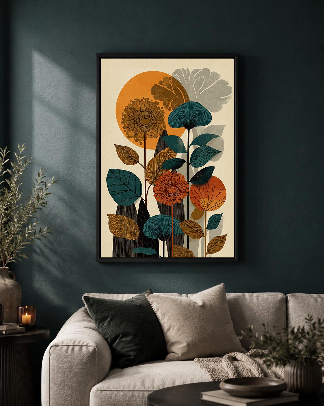 Mid Century Botanical Retro Floral Abstract Nature Framed Canvas by The Wall Art Studio