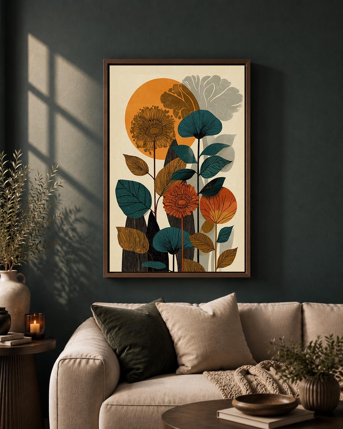 Mid Century Botanical Retro Floral Abstract Nature Framed Canvas by The Wall Art Studio