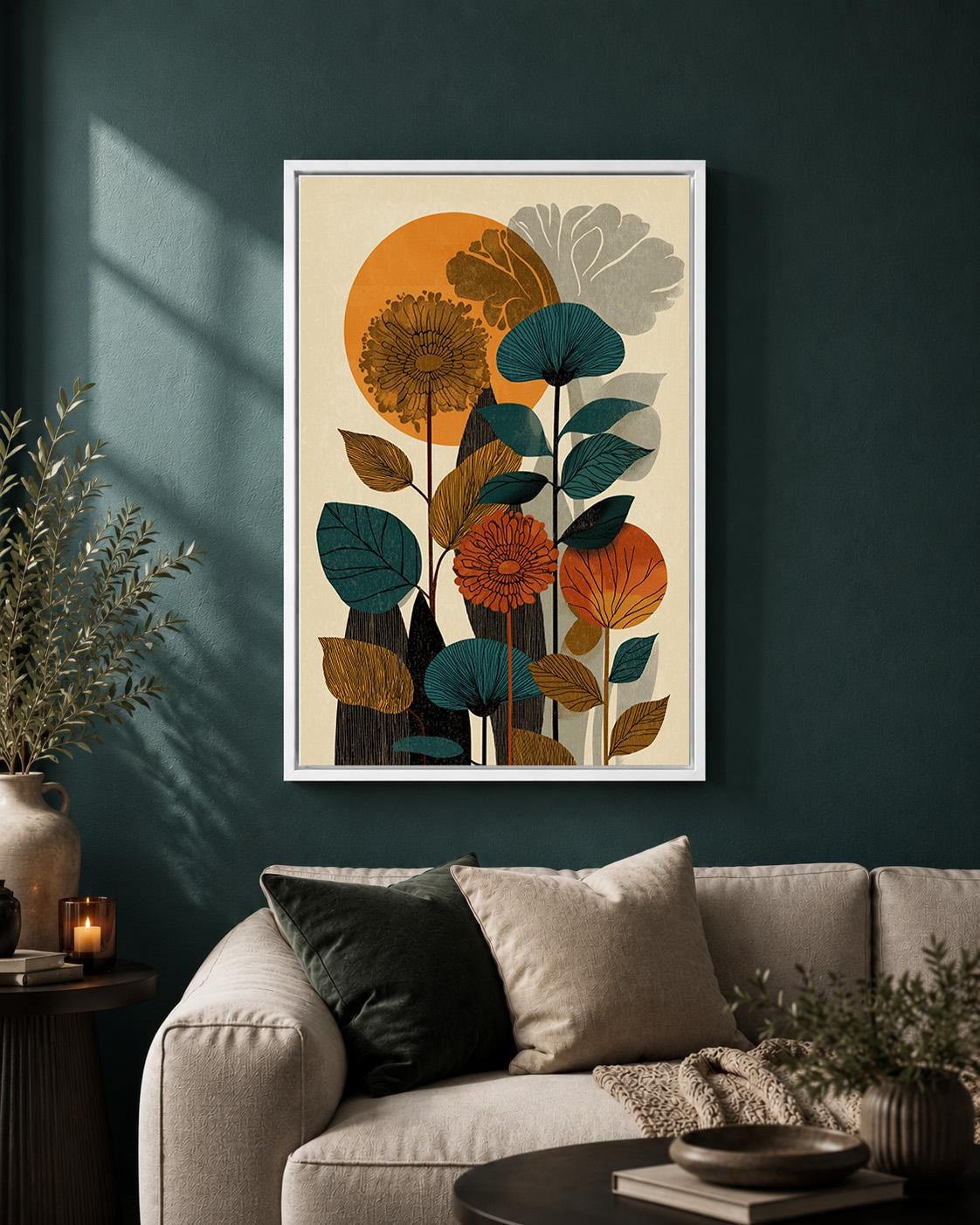 Mid Century Botanical Retro Floral Abstract Nature Framed Canvas by The Wall Art Studio