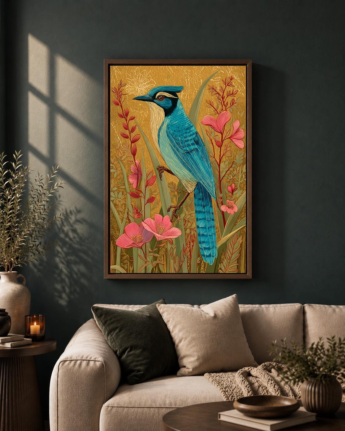 British Jay Blue Bird Vintage Botanical Floral Wildlife Framed Canvas by The Wall Art Studio