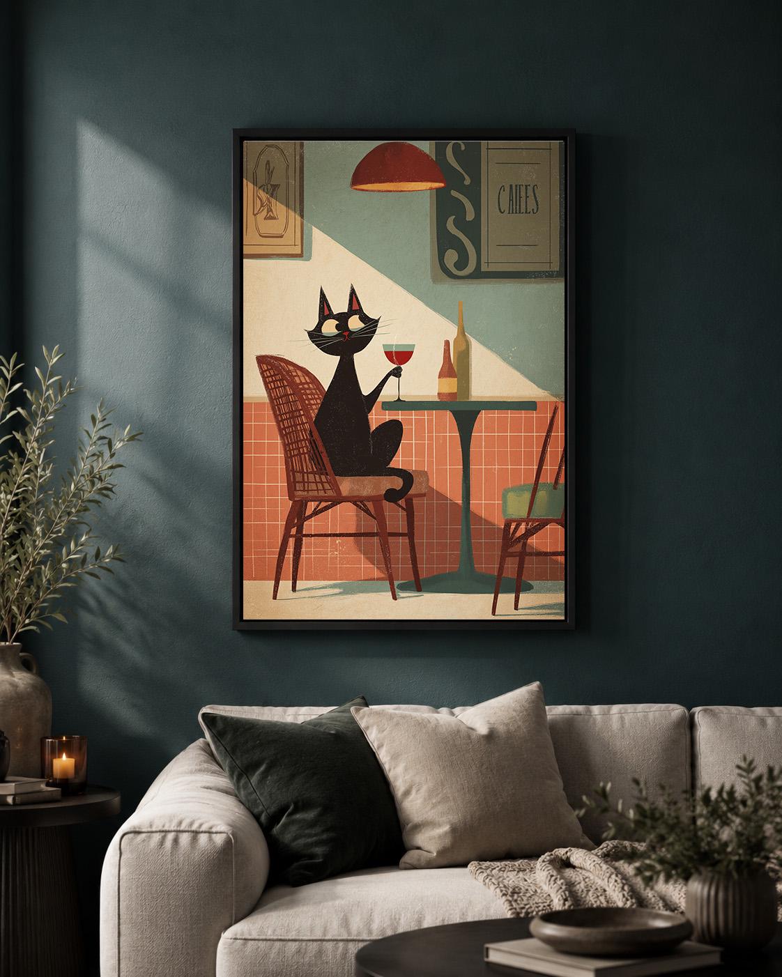 Black Cat Café Wine Lover Mid Century Framed Canvas by The Wall Art Studio