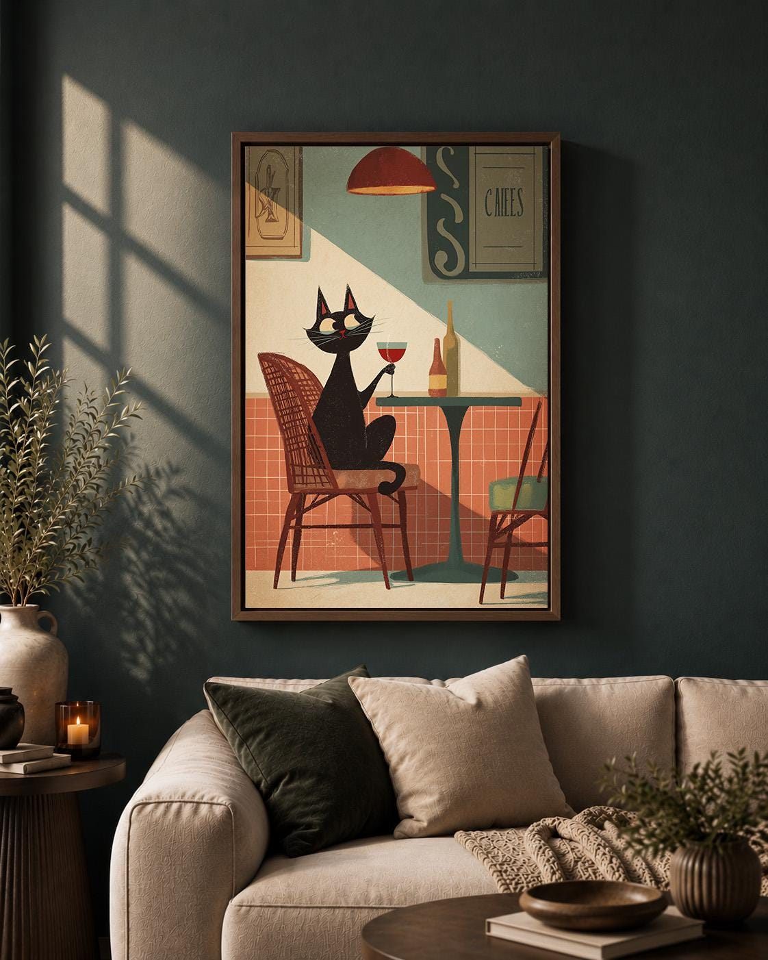Black Cat Café Wine Lover Mid Century Framed Canvas by The Wall Art Studio