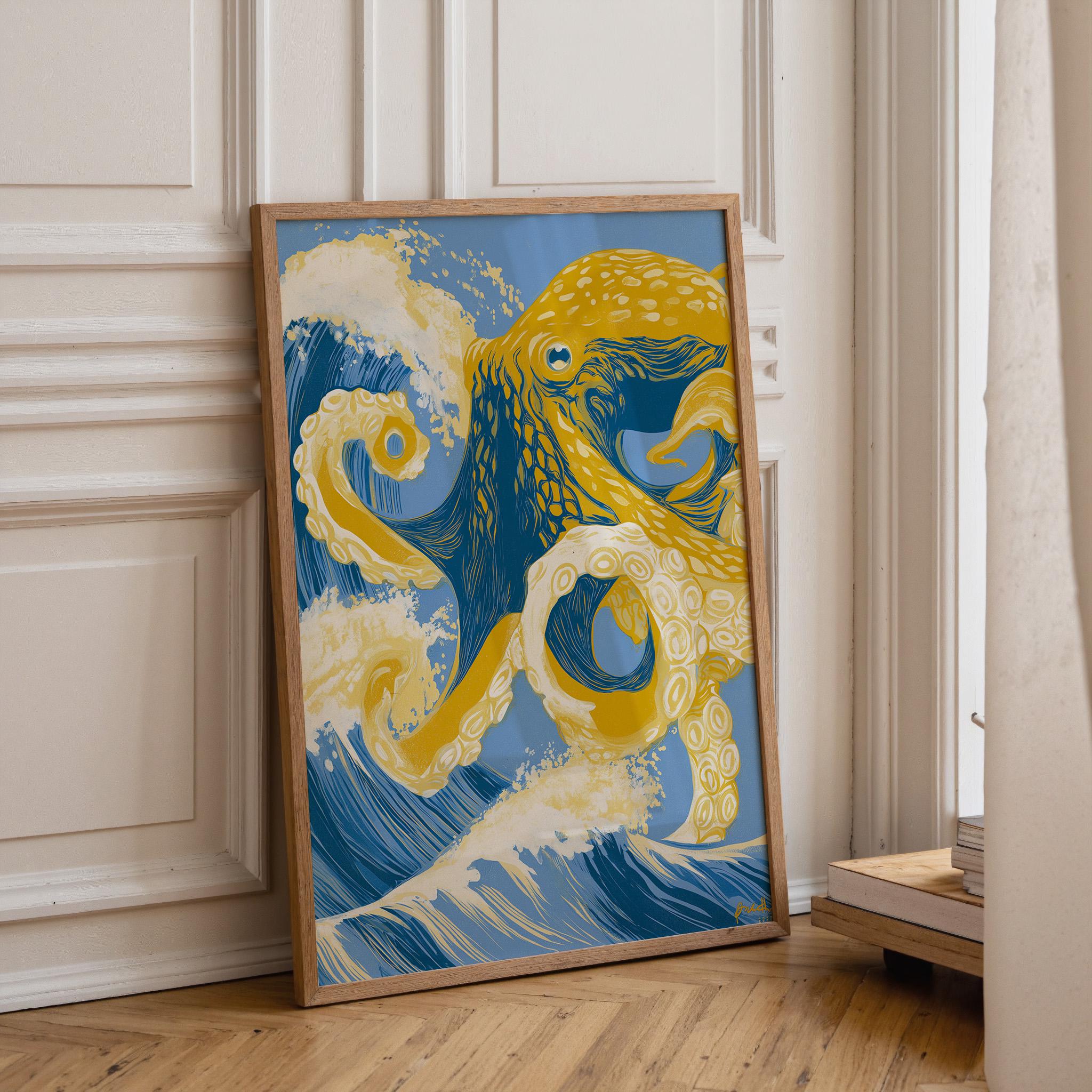 Golden Octopus Wall Art, Coastal Ocean Print