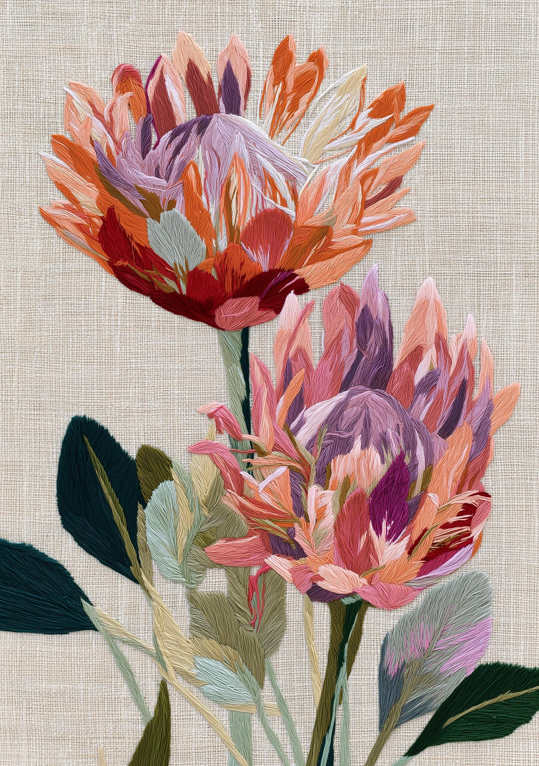 Embroidery Style Protea Flower Wall Art