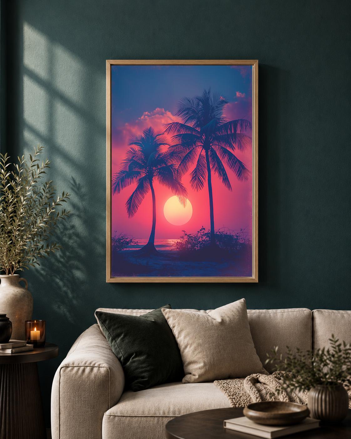 Tropical Palm Tree Sunset Framed Canvas
