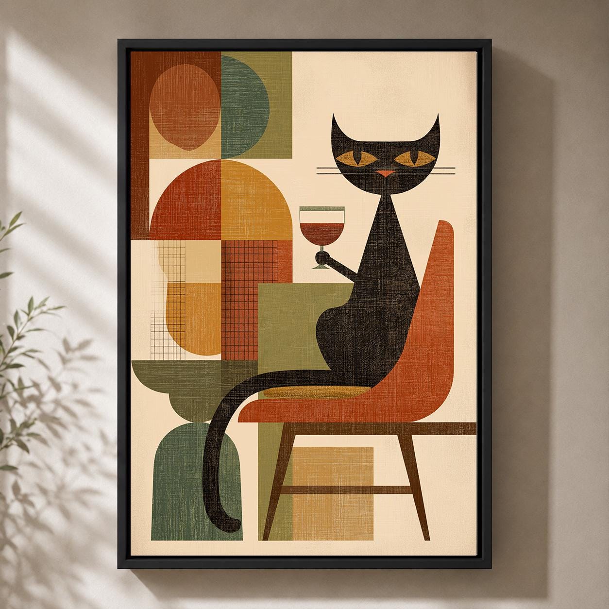 Mid Century Retro Cat Cat Wine Lover Framed Canvas by The Wall Art Studio